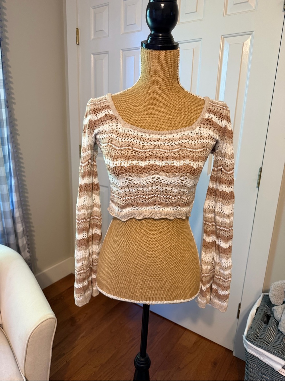Hollister Cream and Tan Striped Open-Knit Scoop Crop Sweater